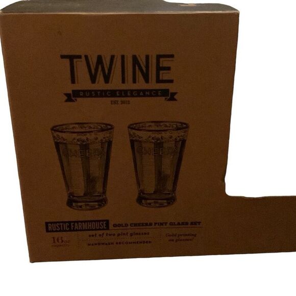 NEW Rustic Farmhouse by Twine Gold Rimmed Cheers Pint Glass Beer Set Lot of 2 - Picture 7 of 8